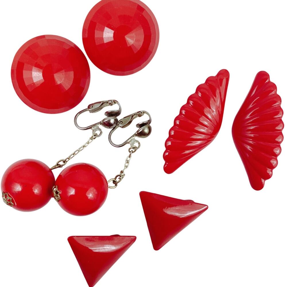 Vintage Marked Germany Lot of 4 Earrings MCM Cherry Red Bombshell Wings Clip On